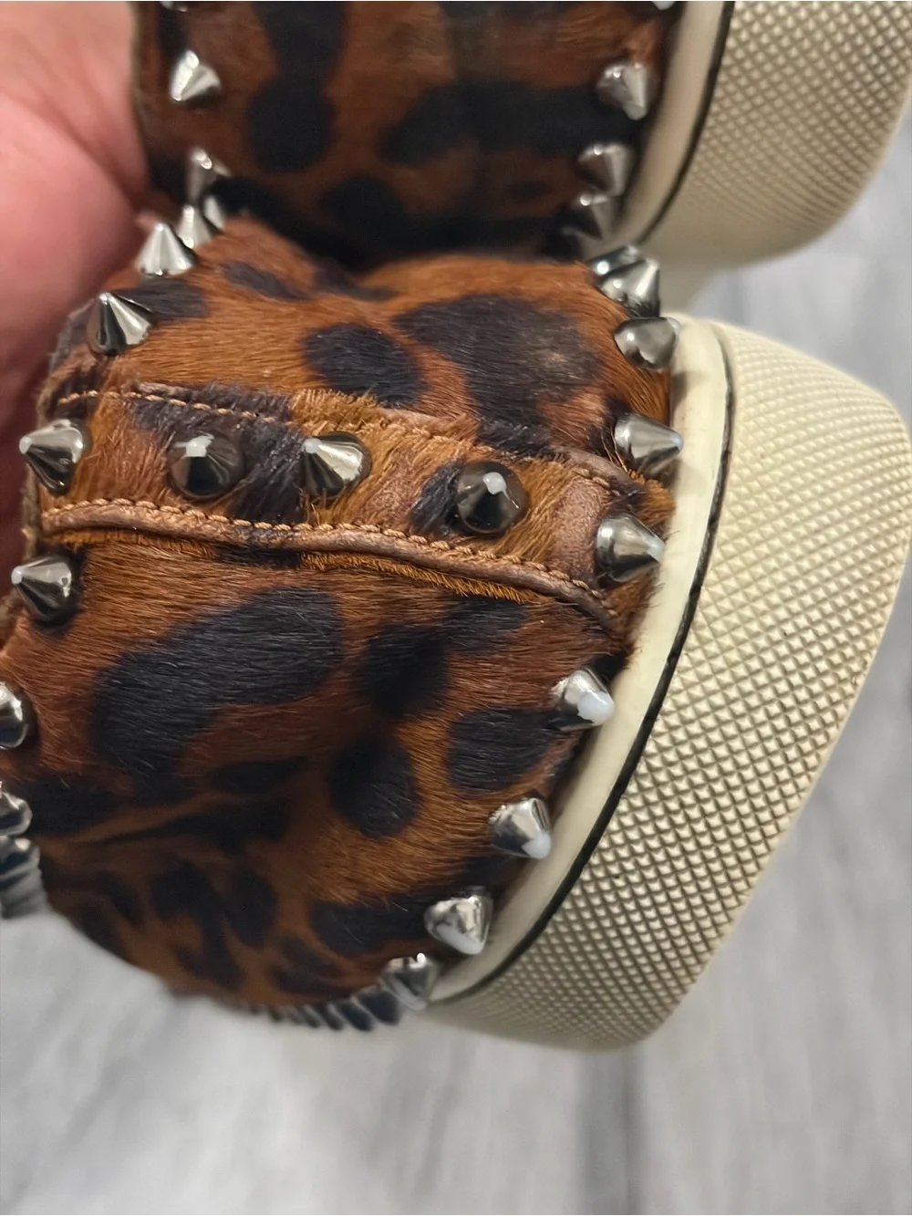 Christian Louboutin Pik Boat Brown Leopard Slip-On Studded Loafers Calf Hair